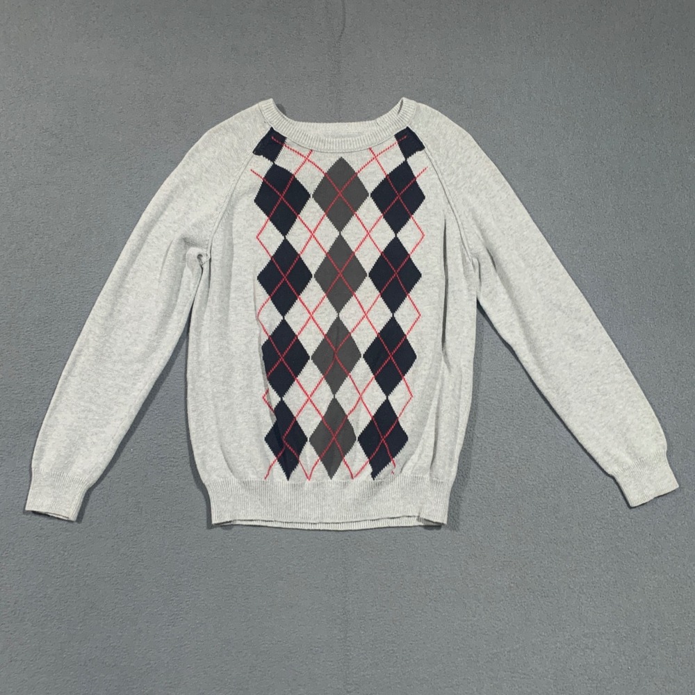 Cherokee Boys Size L 12/14 Sweater Argyle Pattern Gray Long Sleeve Cotton 90s